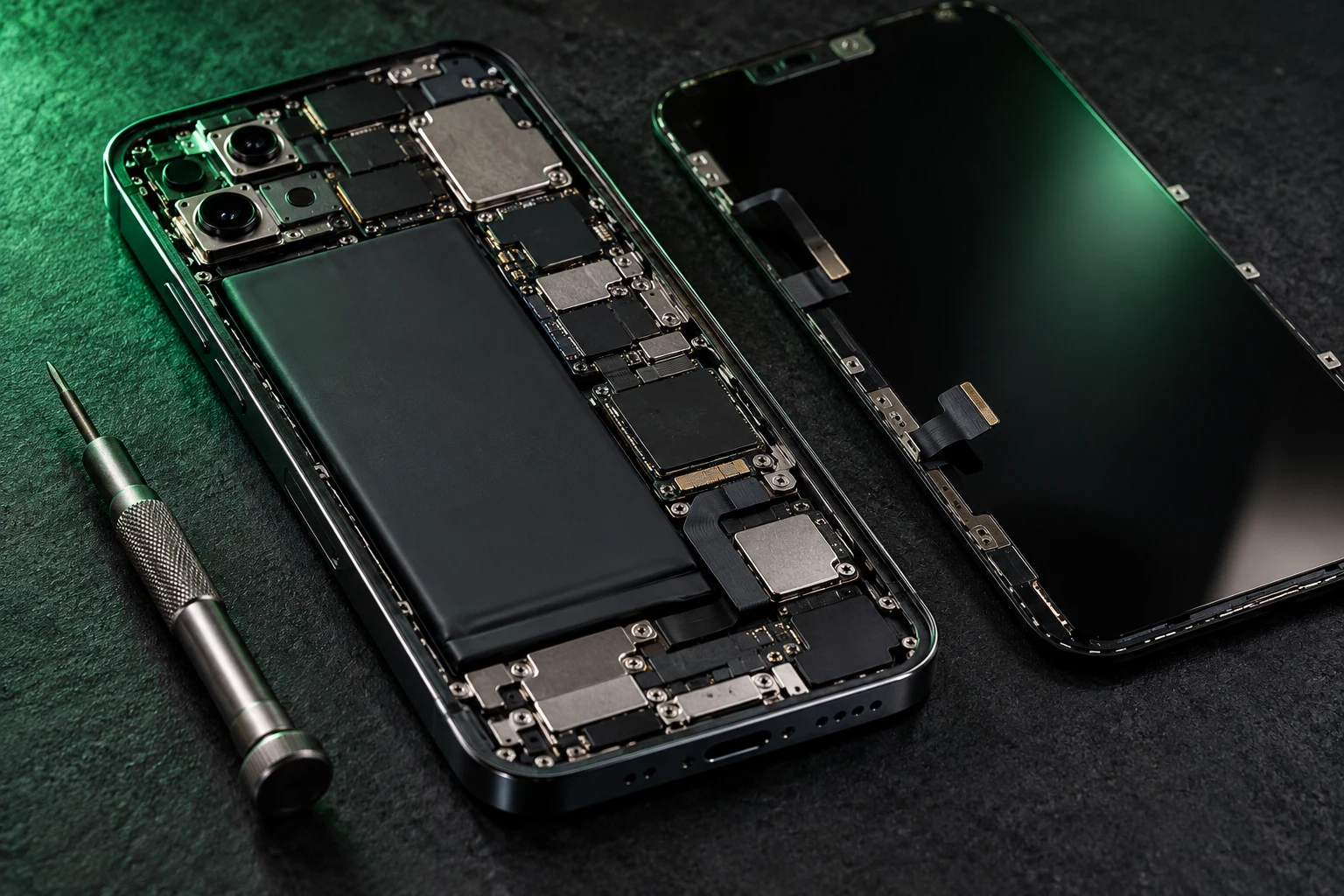 Illustrative close-up of a smartphone repair workbench